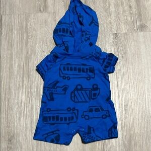 Carters Newborn Blue Hooded Baby Romper with Vehicle Print